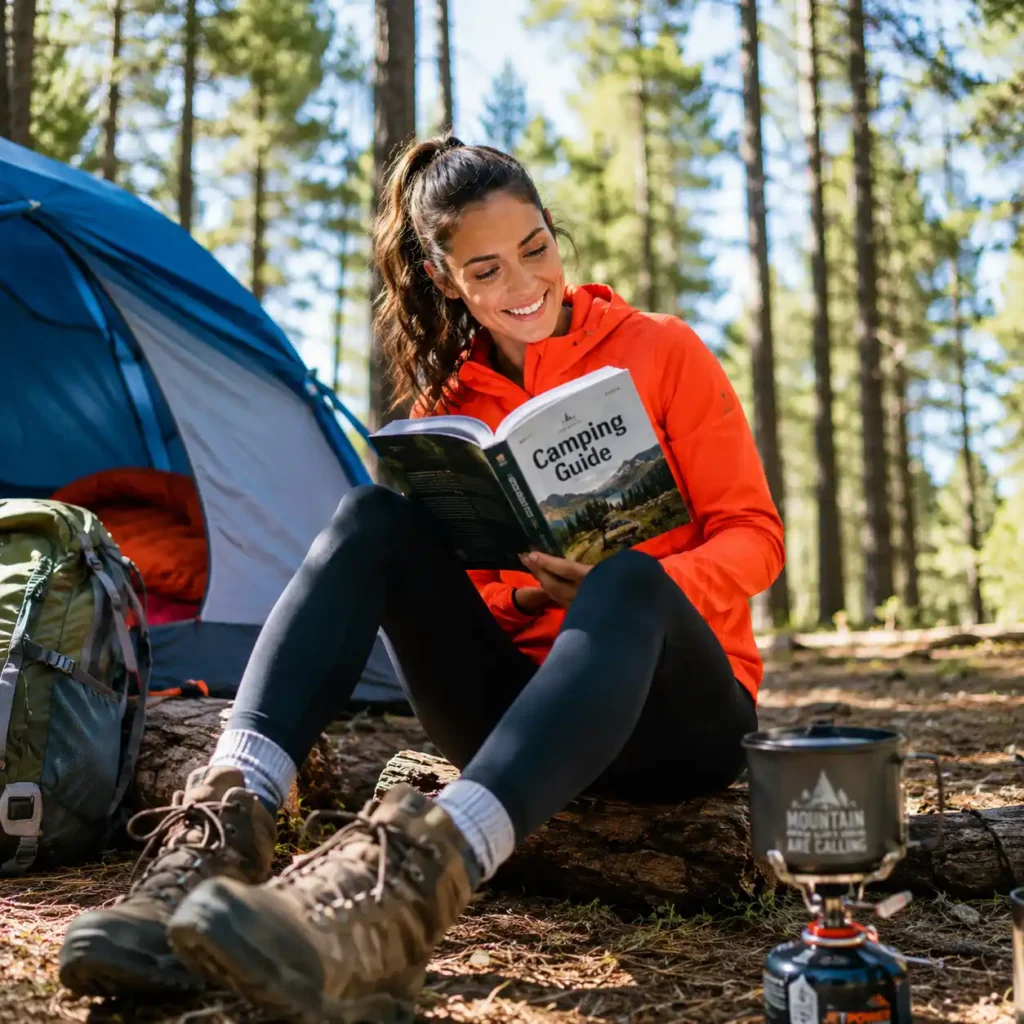 Woman reading a camping guide book beside a tent at a sunny forest campsite, demonstrating practical camping knowledge and outdoor skills.