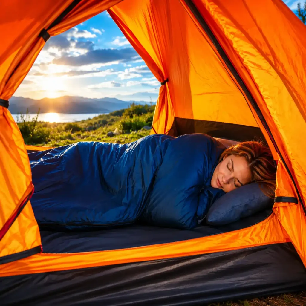 Woman sleeping comfortably in a blue sleeping bag inside an orange camping tent during sunrise, demonstrating a complete camping sleep system setup for outdoor comfort.