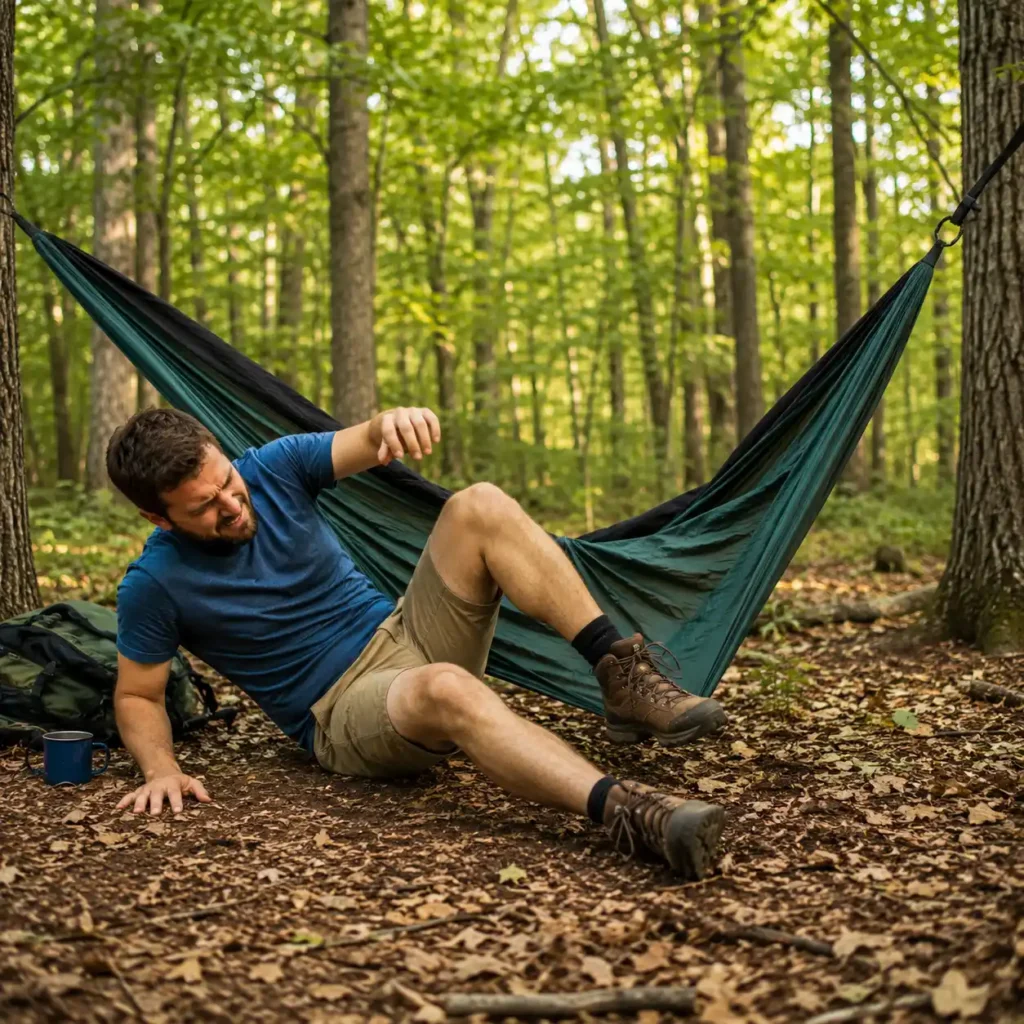 Camper sitting on the ground after falling out of a camping hammock in a forest campsite