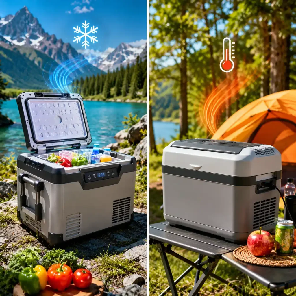Side-by-side comparison of a compressor portable camping refrigerator and a thermoelectric cooler at outdoor campsites, illustrating differences in cooling performance and hot-weather capability