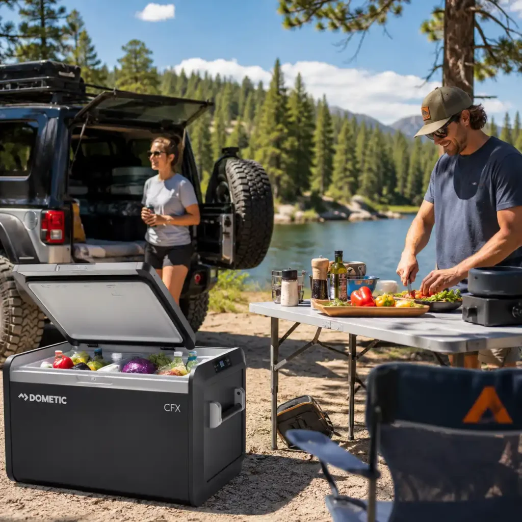 Dometic CFX5 45 portable camping refrigerator in use at a sunny lakeside campsite during outdoor meal preparation
