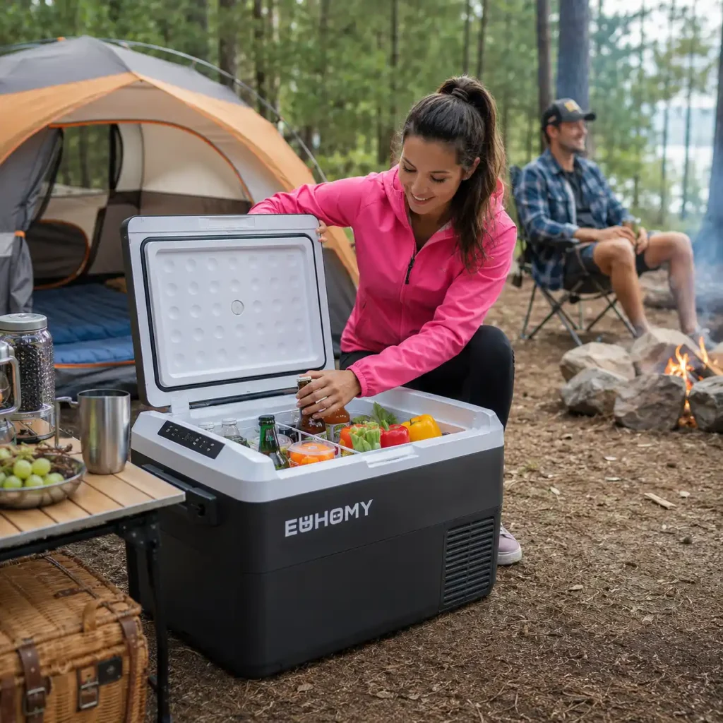 Woman using the EUHOMY 37 Quart portable camping refrigerator at a sunny forest campsite during a weekend camping trip