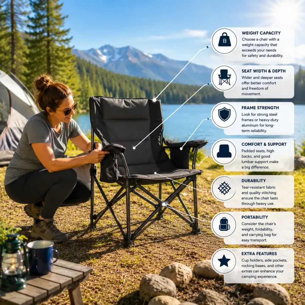 Woman evaluating a heavy-duty camping chair at a sunny lakeside campsite while comparing key chair features