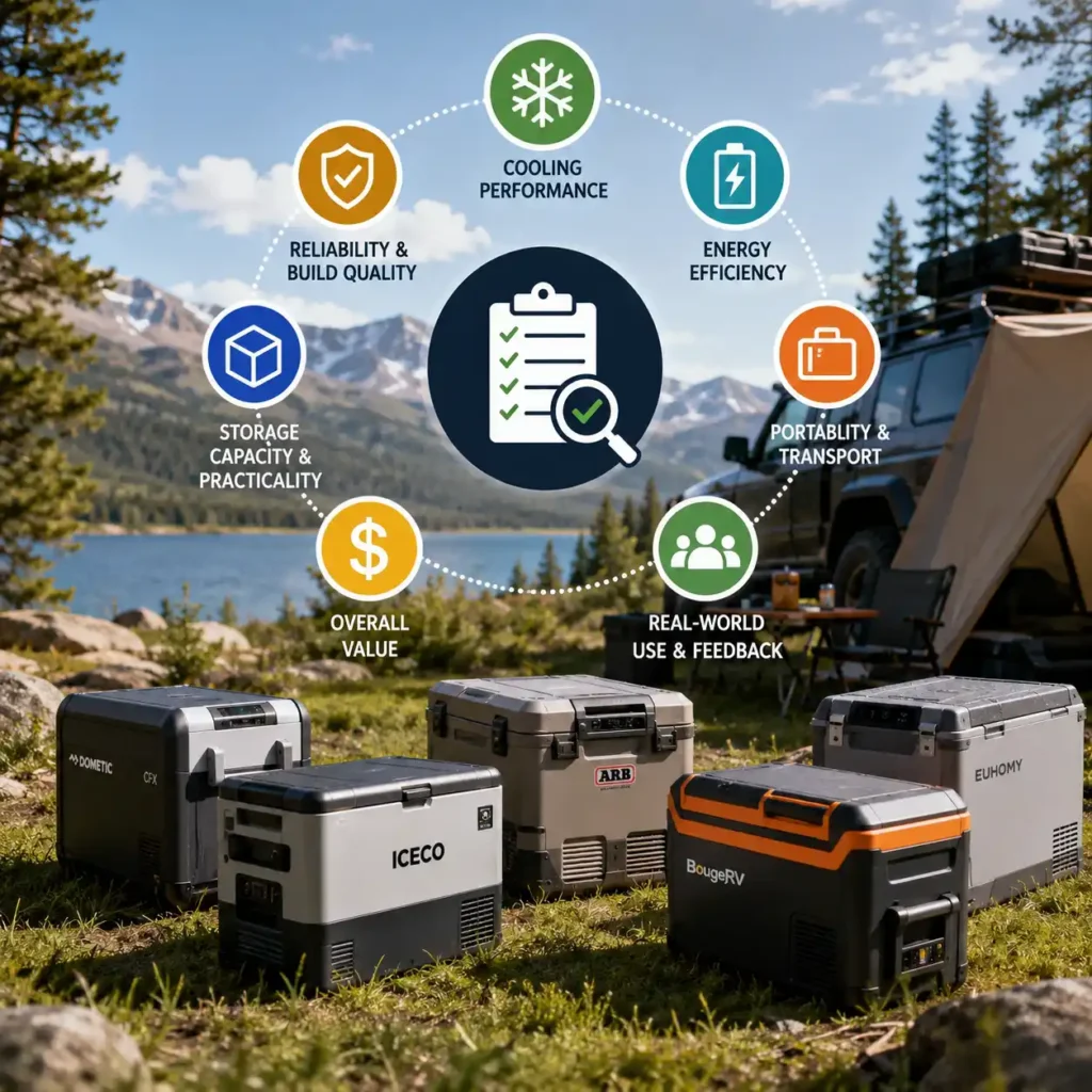 Portable camping refrigerators compared using editorial evaluation criteria at a scenic campsite with cooling performance, energy efficiency, and overall value