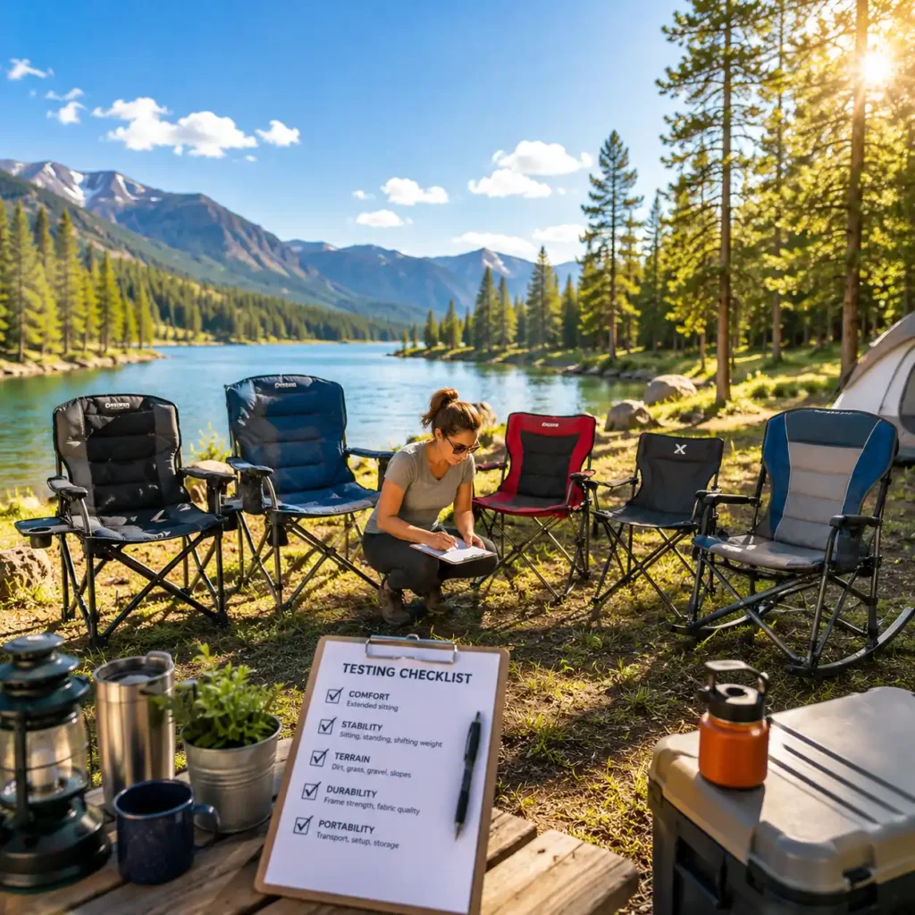 Camping chairs being evaluated at a sunny lakeside campsite during real-world testing