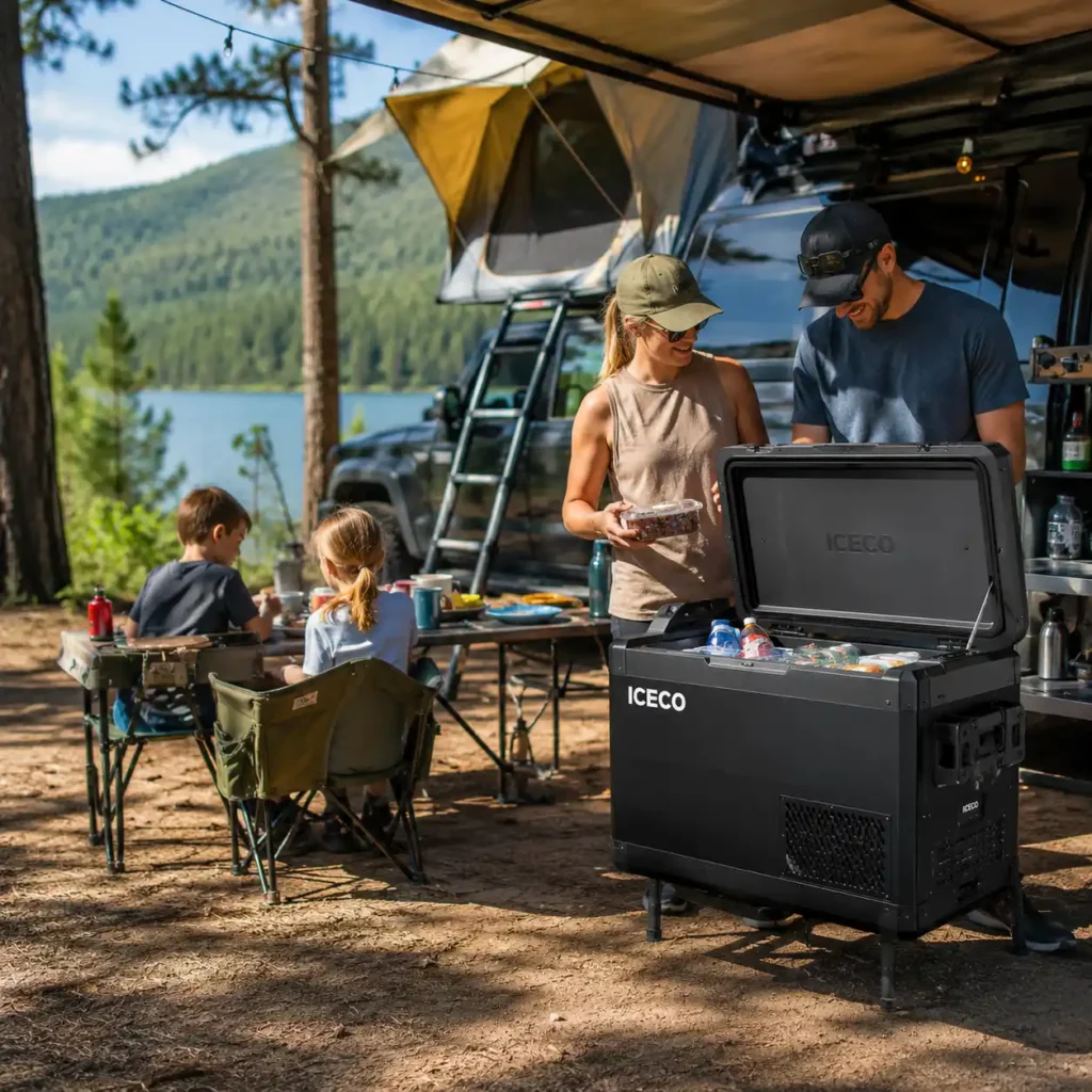 Family using the ICECO VL45 ProS portable camping refrigerator during a sunny lakeside camping trip