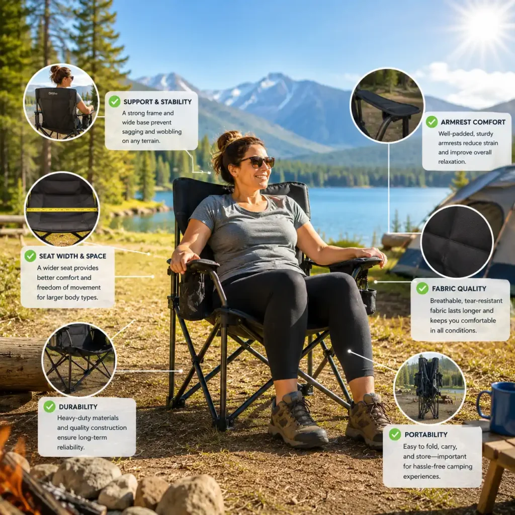 Heavy-duty camping chair at a sunny lakeside campsite showing key features that matter for larger campers