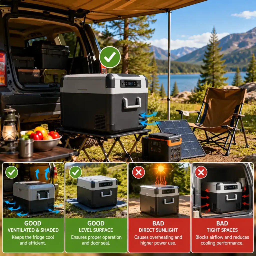 Proper placement of a portable camping refrigerator at a campsite showing correct ventilation, level positioning, and shaded setup for efficient cooling