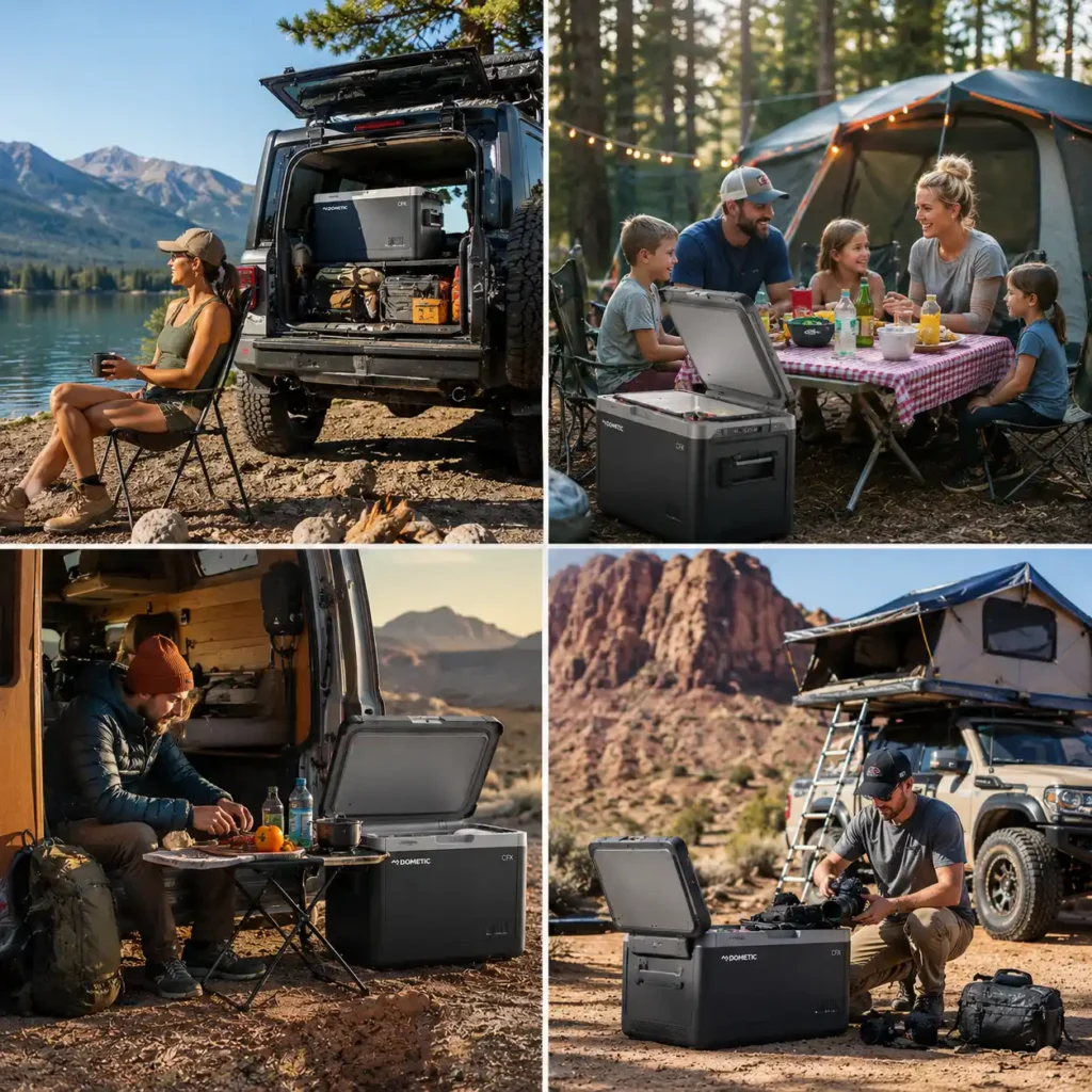 Different campers using portable camping refrigerators during family camping, car camping, van life, and overlanding adventures