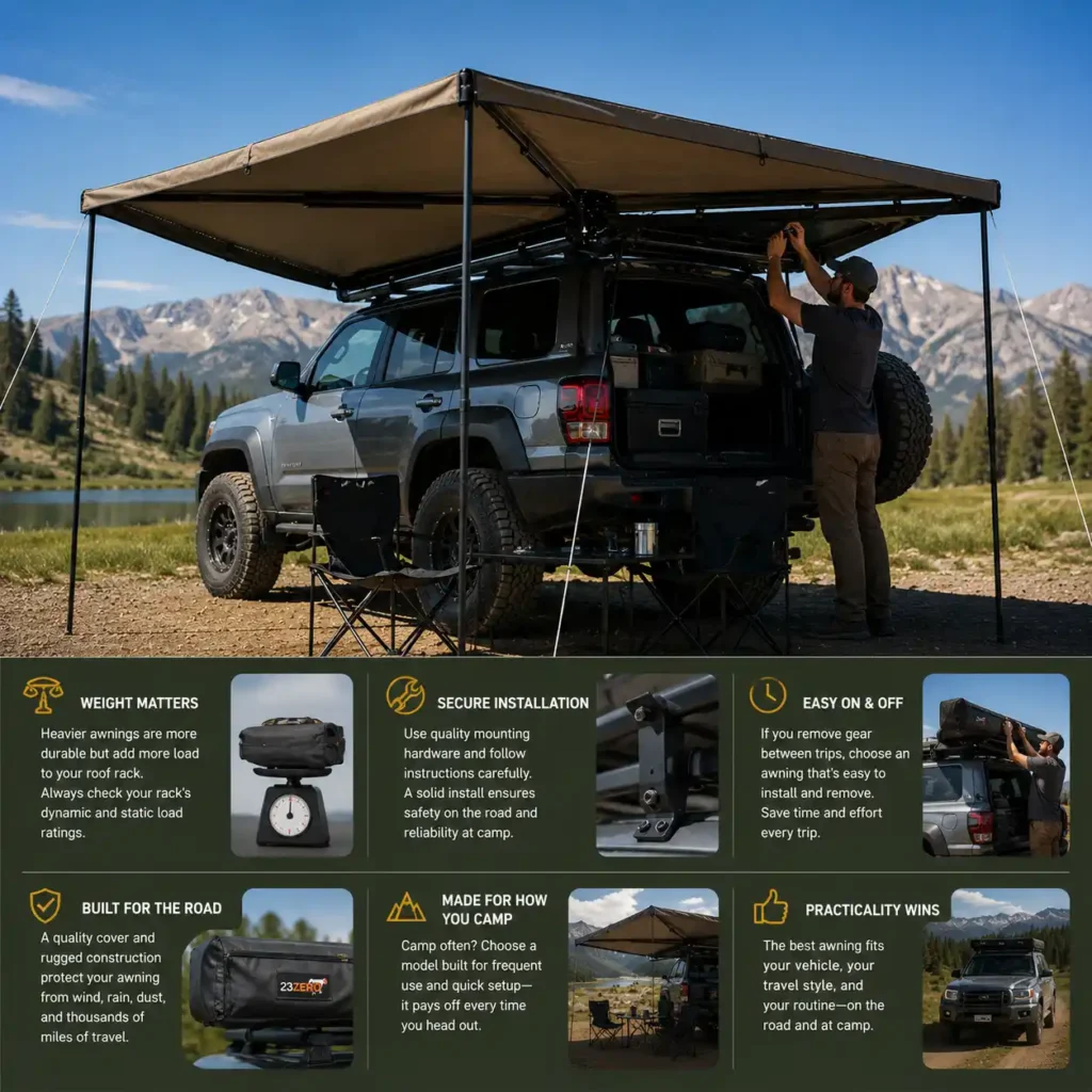 Infographic showing a 270 degree camping awning installed on an off-road SUV, highlighting weight, mounting, installation, and everyday practicality for vehicle camping.