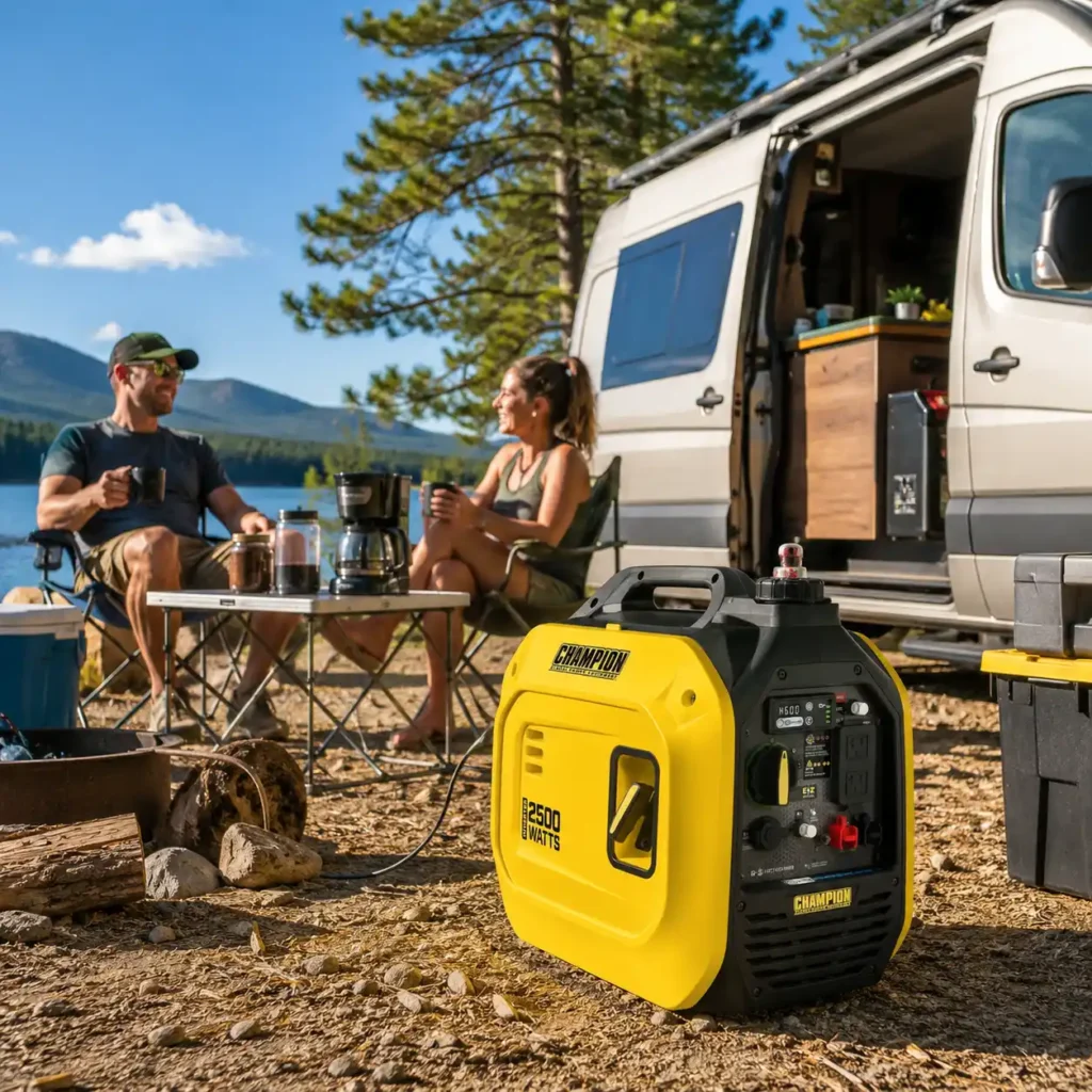 Champion 2500 Dual Fuel inverter generator powering a camper van at a sunny lakeside campsite while two campers relax with coffee during an RV camping trip.
