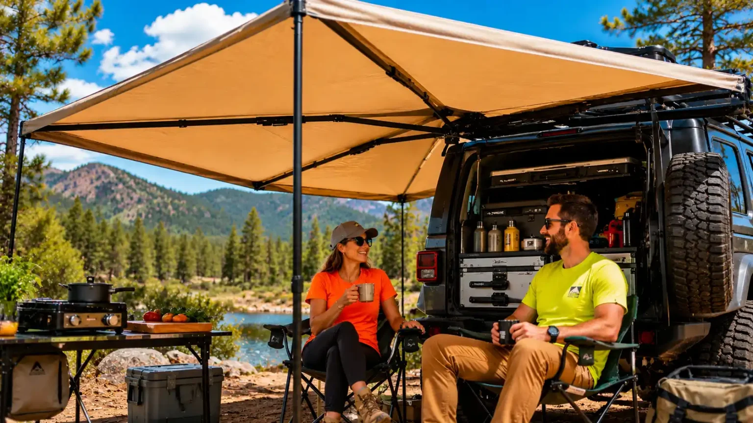 SUV with a 270 degree camping awning providing shade for campers during a sunny overlanding adventure in the mountains.