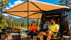 SUV with a 270 degree camping awning providing shade for campers during a sunny overlanding adventure in the mountains.