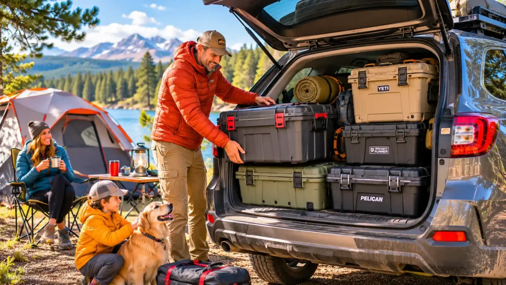 Family organizing camping gear into weatherproof storage trunks beside an SUV at a scenic lakeside campsite