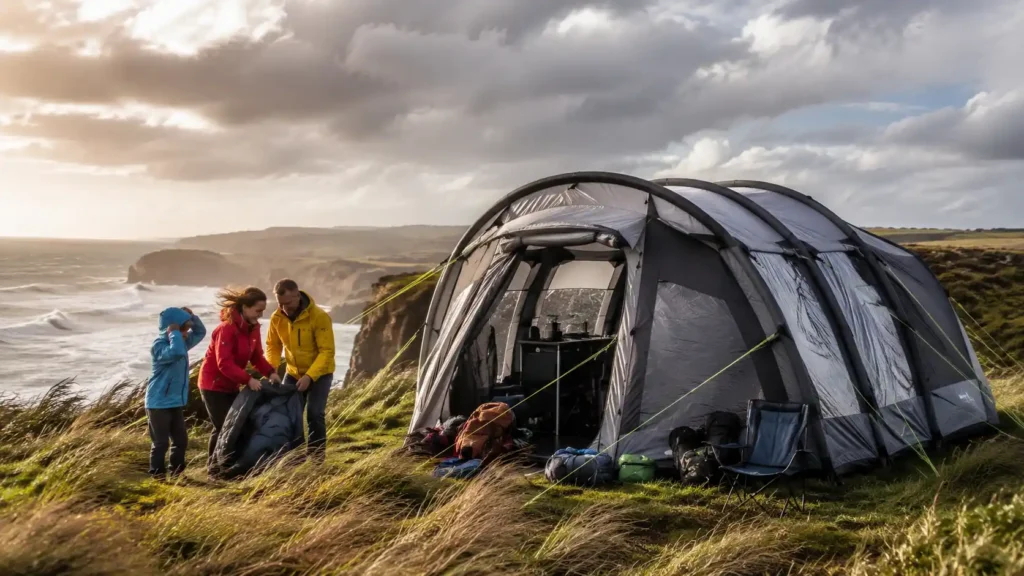 Inflatable camping tent standing securely in windy conditions with a family camping on a coastal campsite