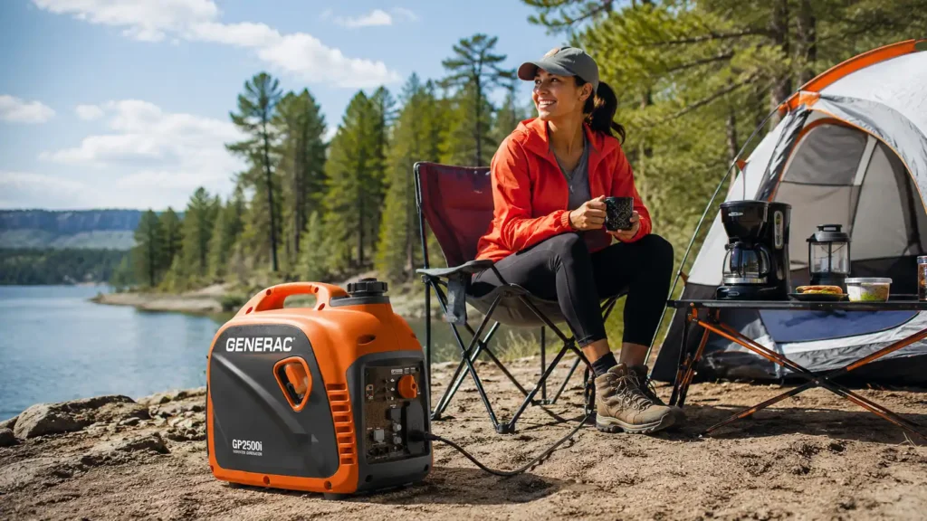 Smiling woman relaxing at a sunny lakeside campsite with a portable inverter generator powering a comfortable camping setup.