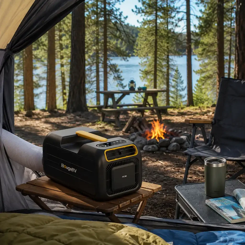 BougeRV portable air conditioner cooling the inside of a camping tent at a peaceful lakeside campsite surrounded by tall pine trees on a warm summer day.