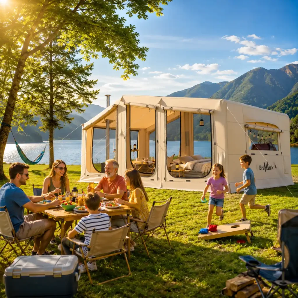 Large family enjoying a sunny camping vacation beside the BravArrk inflatable camping tent at a lakeside campground