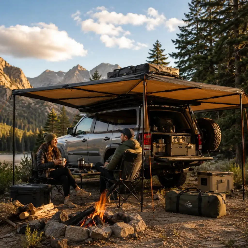 Couple relaxing under a 270 degree camping awning beside an overlanding SUV at a scenic mountain campsite during golden hour.
