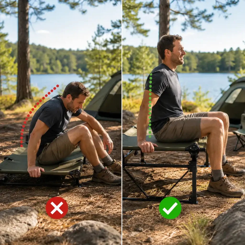 Side-by-side comparison of a low and high camping cot showing how cot height affects posture and ease of getting in and out for campers with back pain.