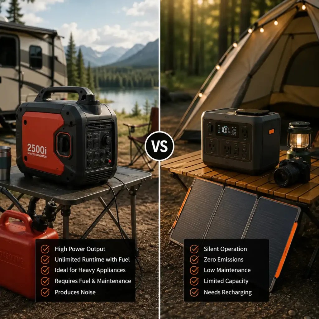Side-by-side comparison of a camping generator and a portable power station at two outdoor campsites, illustrating the differences in power, portability, noise, and off-grid use.