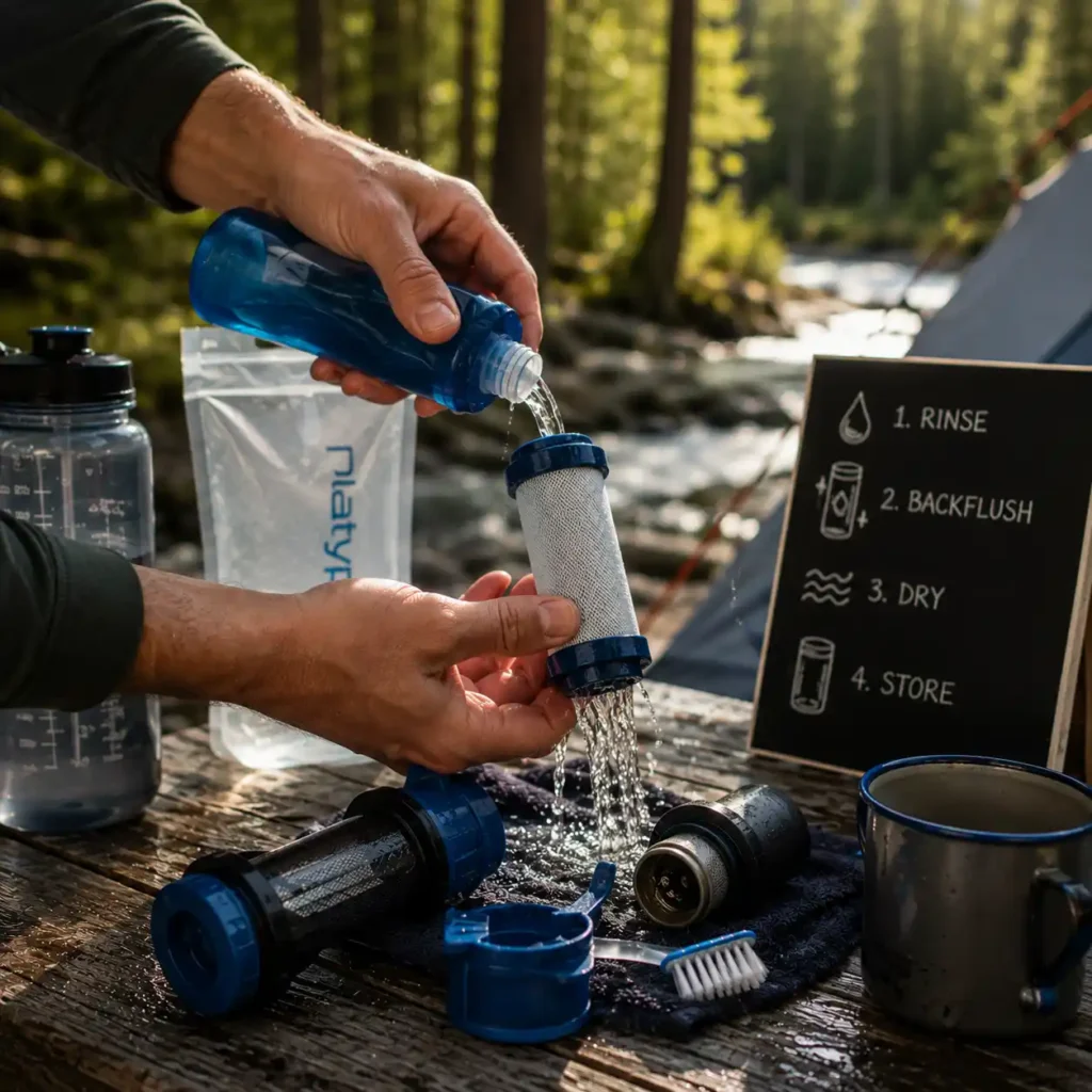 Camper cleaning and maintaining a portable camping water filter at a forest campsite beside a mountain stream to extend filter lifespan.