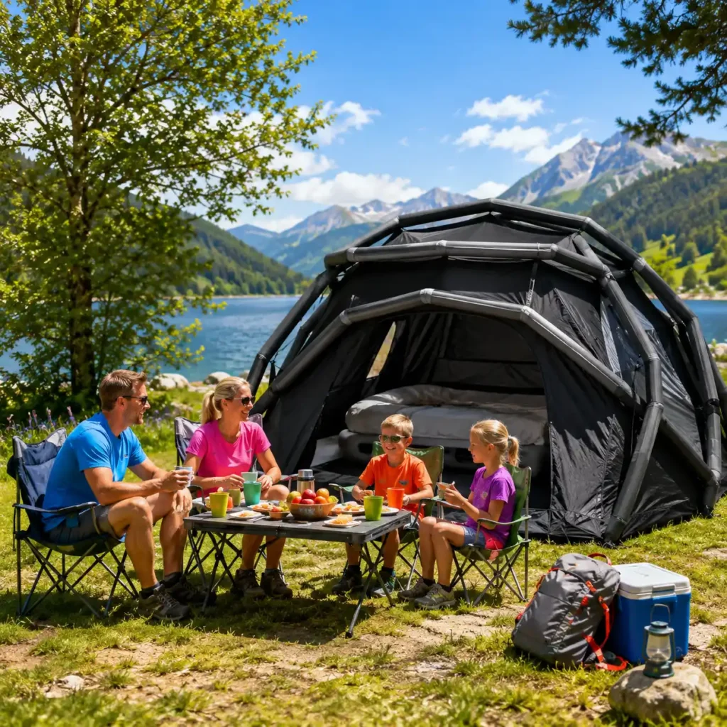 Family enjoying a sunny camping trip outside the CAMVIL inflatable tent at a lakeside mountain campsite