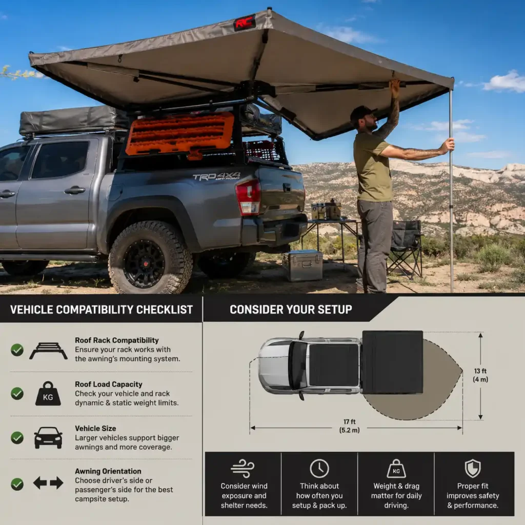 Vehicle compatibility checklist for choosing the right 270 degree camping awning, showing an SUV with a mounted awning, roof rack setup, and key buying considerations.
