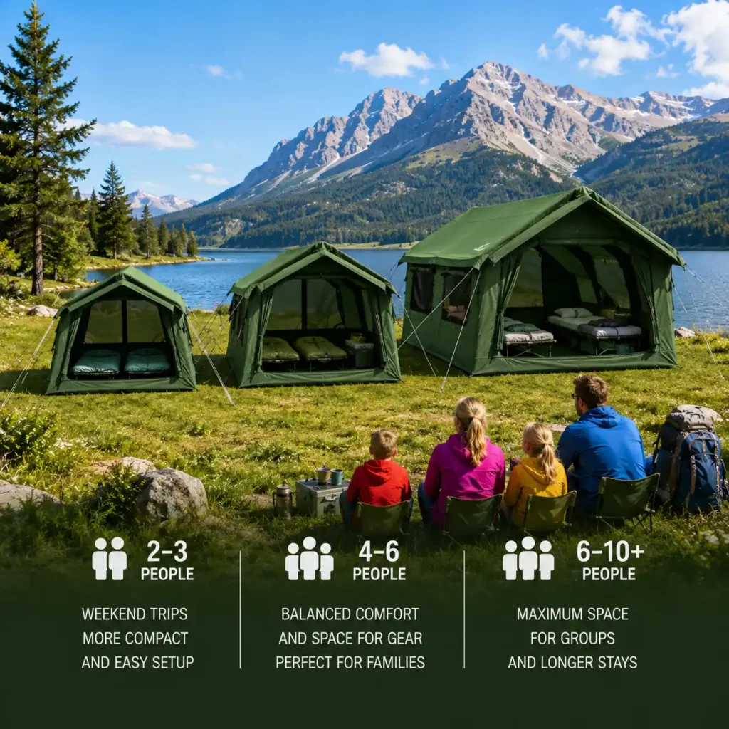 Comparison of small, medium, and large camping tents to help choose the right tent size for different camping groups