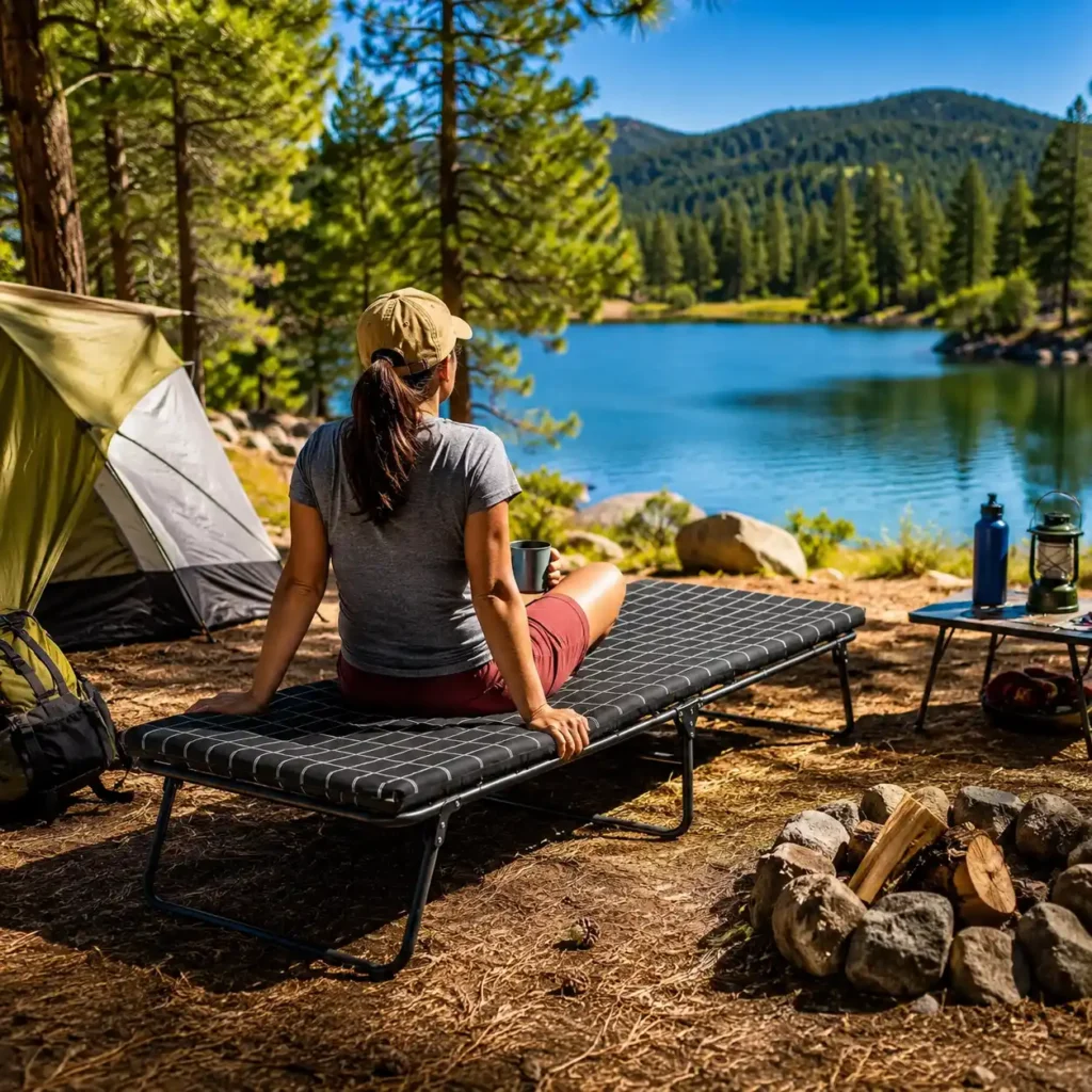Camper relaxing on a Coleman ComfortSmart Deluxe camping cot beside a sunny mountain lake with a tent and forest campsite.