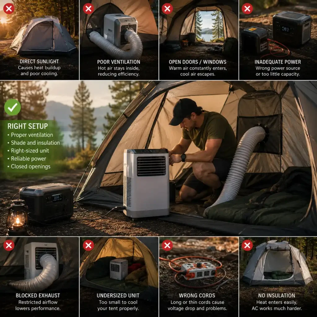 Infographic showing common mistakes when using a portable camping air conditioner, including poor ventilation, direct sunlight, incorrect power setup, blocked exhaust, and proper tent cooling practices.