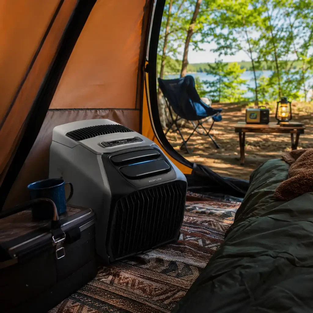 EcoFlow WAVE 3 portable air conditioner cooling the inside of a camping tent during a sunny summer camping trip beside a lake.