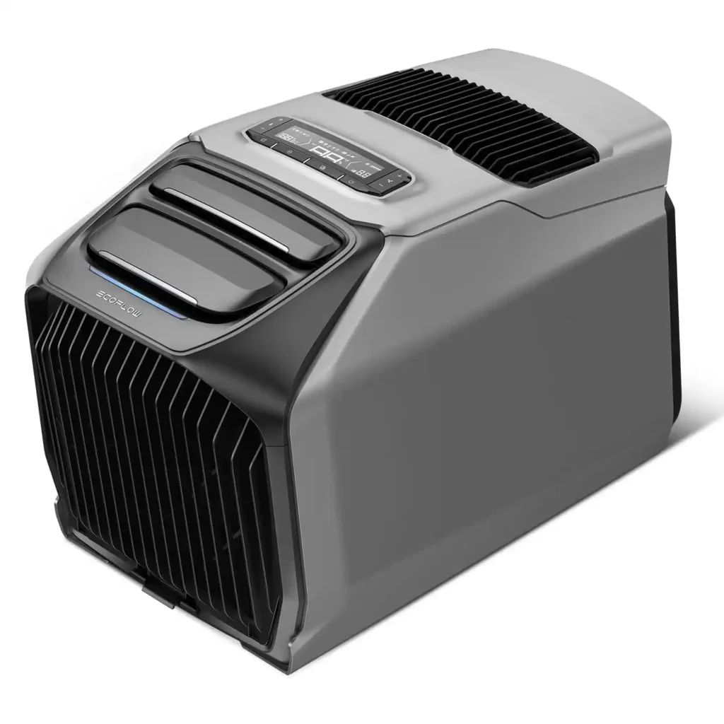 EcoFlow WAVE 3 portable air conditioner beside a camping tent during a summer camping trip, ready to provide efficient off-grid cooling.