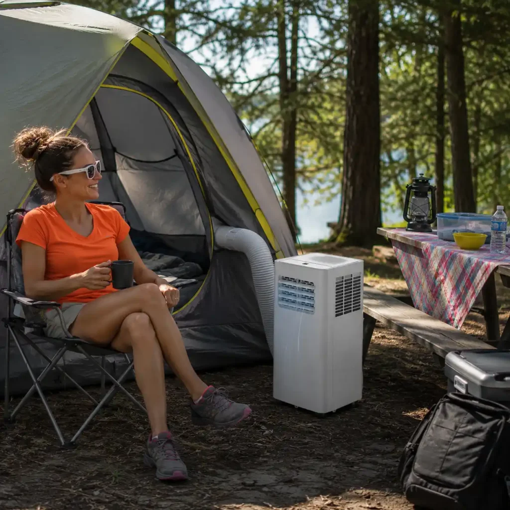 Woman relaxing beside a camping tent with a EUHOMY portable air conditioner keeping the tent cool during a sunny summer camping trip in a forest campground.
