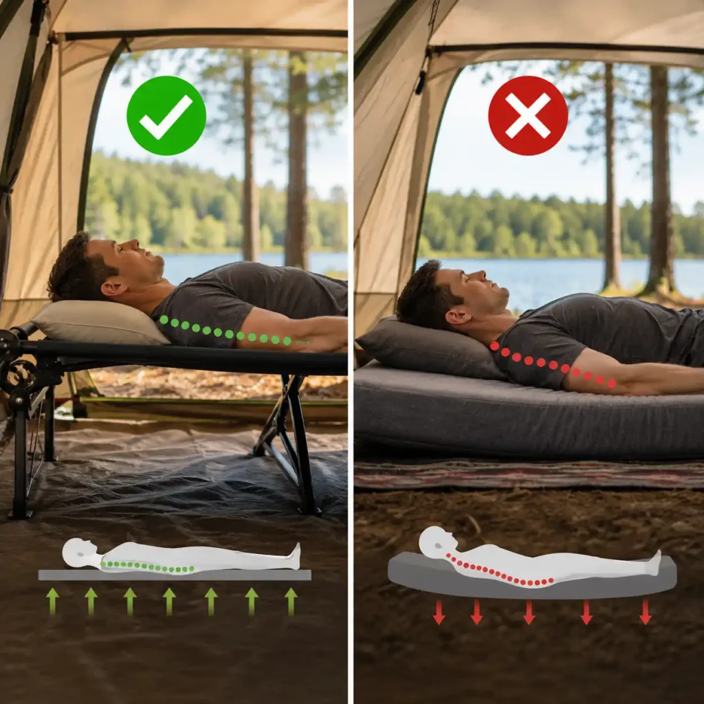 A supportive camping cot helps maintain proper spinal alignment, while an overly soft sleeping surface can increase pressure on the lower back.