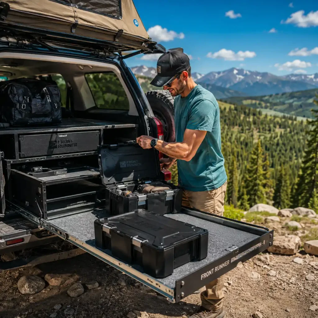 Camper organizing Front Runner Wolf Pack Pro storage boxes from a vehicle drawer system at a sunny mountain overlanding campsite