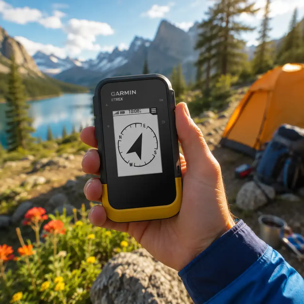 Camper holding a Garmin eTrex SE handheld GPS at a scenic mountain lakeside campsite during a weekend camping trip, using reliable off-grid navigation.
