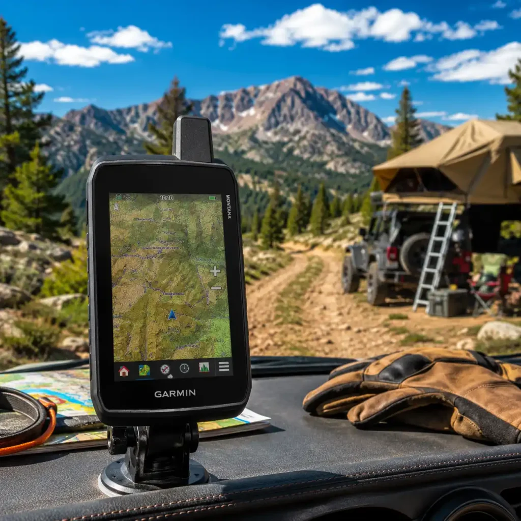 Garmin Montana 710 handheld GPS mounted inside an off-road vehicle overlooking a remote mountain campsite with a rooftop tent and scenic wilderness.