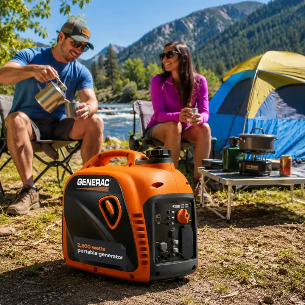 Generac GP2500i portable inverter generator powering a sunny riverside campsite where two campers enjoy coffee beside their tent during a weekend camping trip.