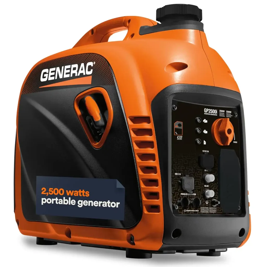 Generac GP2500i portable inverter generator for camping and outdoor recreation.