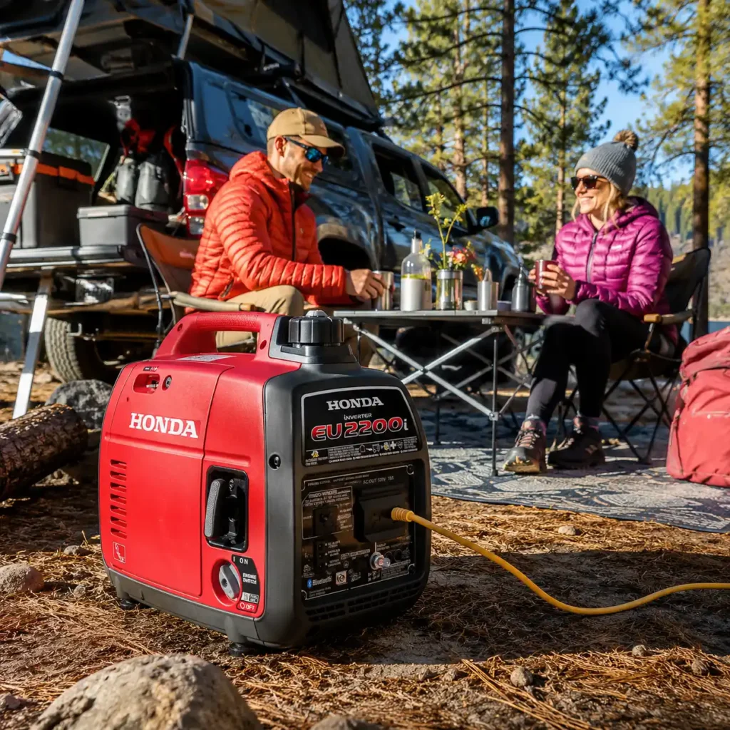 Honda EU2200i portable inverter generator powering a sunny SUV campsite where two campers relax beside their vehicle during a weekend camping trip.