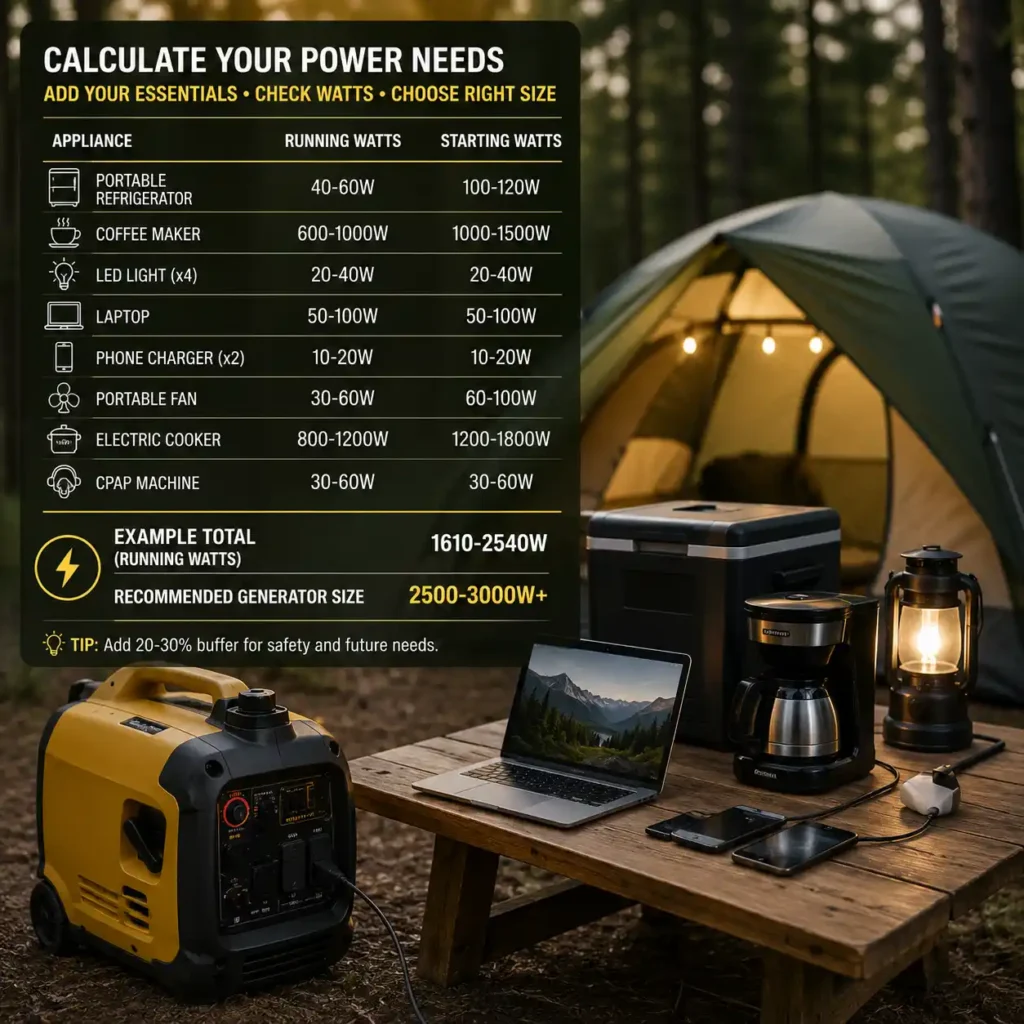 Camping generator powering a portable refrigerator, coffee maker, laptop, and campsite lighting to illustrate how much generator power campers actually need.