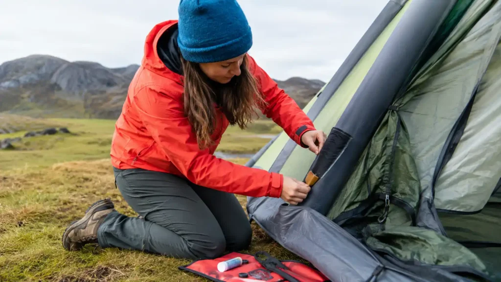 Camper repairing an inflatable camping tent air beam with a repair patch at a campsite