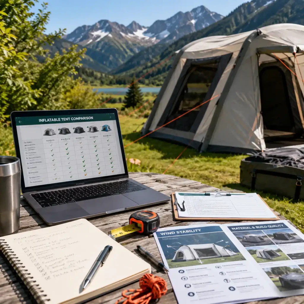 Camping tent evaluation process with an inflatable camping tent, comparison checklist, and outdoor workspace in a sunny mountain campsite.