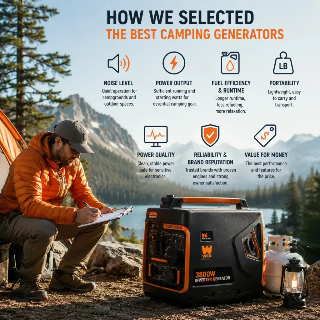 Outdoor evaluation of portable camping generators showing the key factors used to compare inverter generators for camping, including noise, portability, runtime, and reliability.