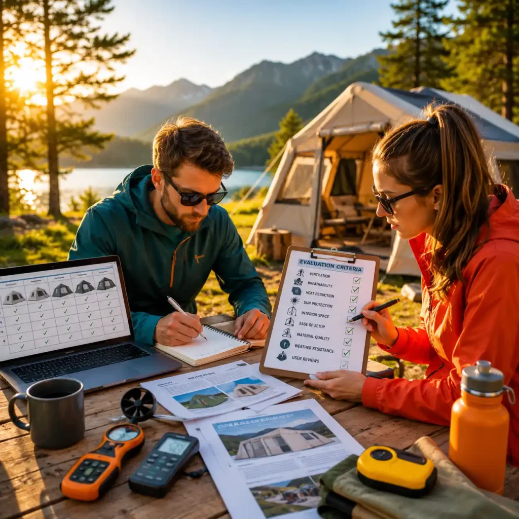 Camping experts evaluating inflatable camping tents for hot weather using performance and ventilation criteria