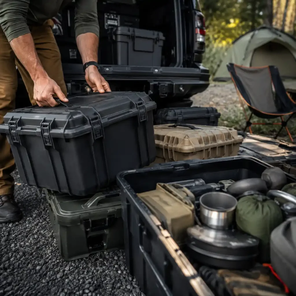 Camper organizing weatherproof camping storage trunks beside an SUV at a forest campsite before an outdoor adventure