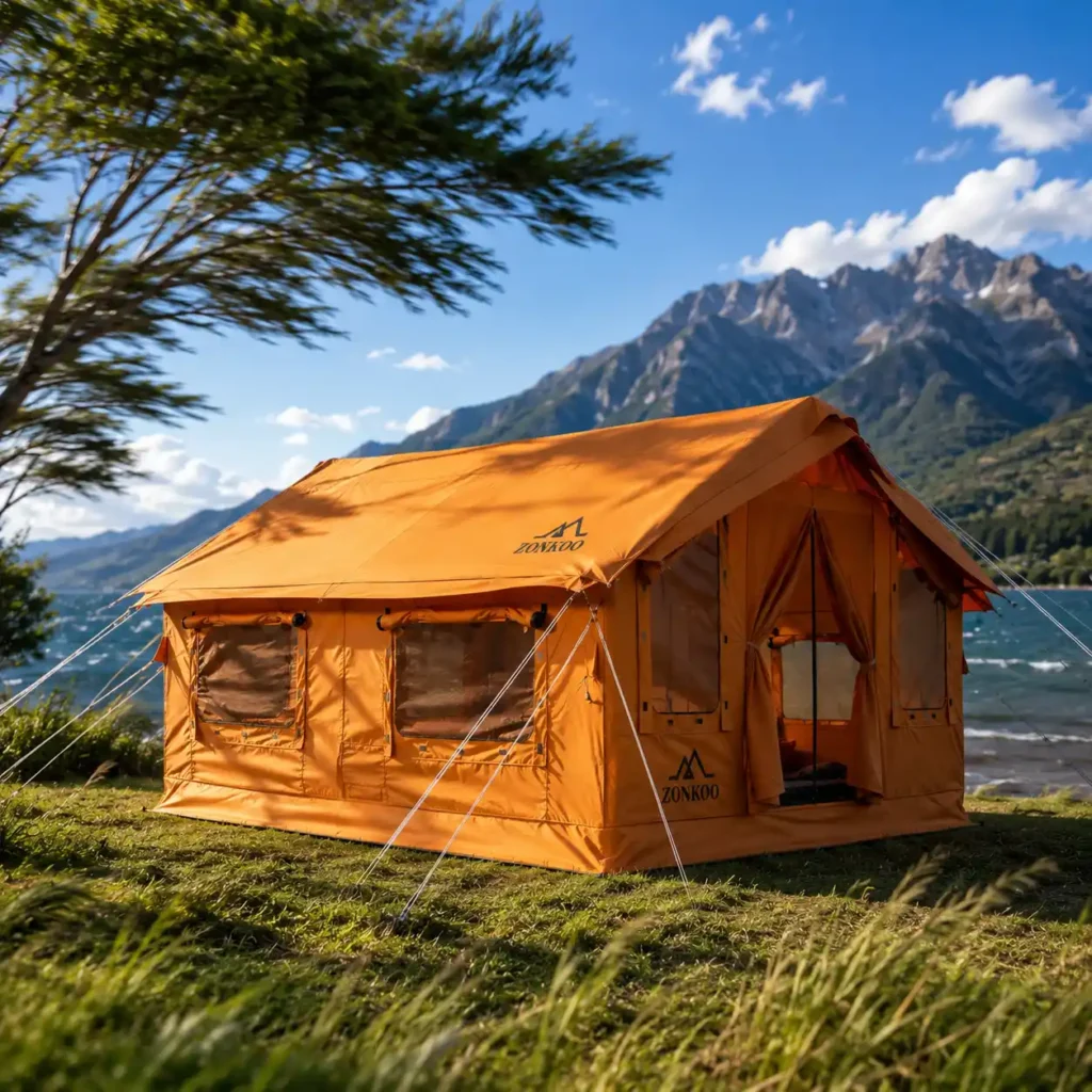 Modern inflatable camping tent securely pitched at a mountain lakeside campsite, demonstrating excellent wind stability with taut guy lines, reinforced air beams, and durable construction on a breezy day