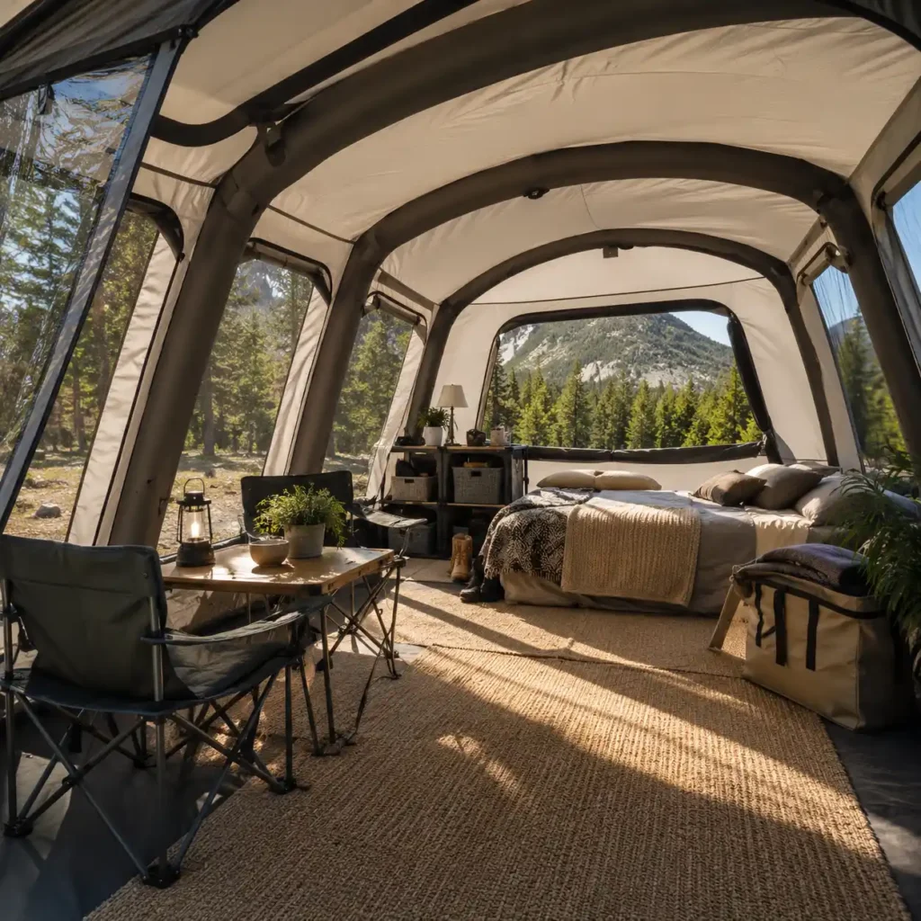 Spacious interior of an inflatable camping tent with comfortable sleeping area and furniture