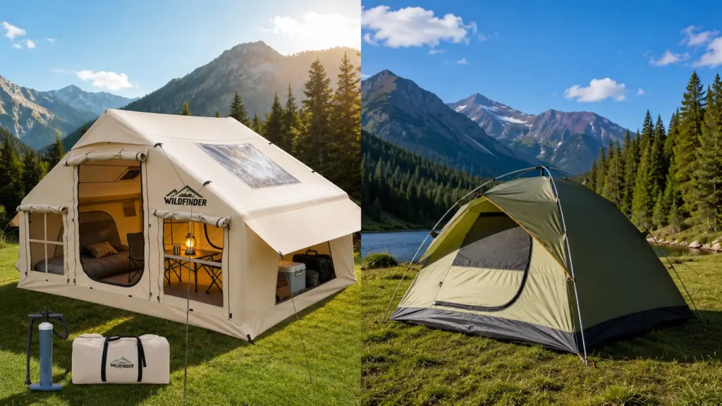 Inflatable camping tent compared with a traditional pole tent at a scenic mountain campsite